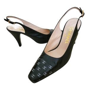 Chanel Vintage Interlocking CC Logo Slingback Leather Pumps Heels Square 6 36.5
